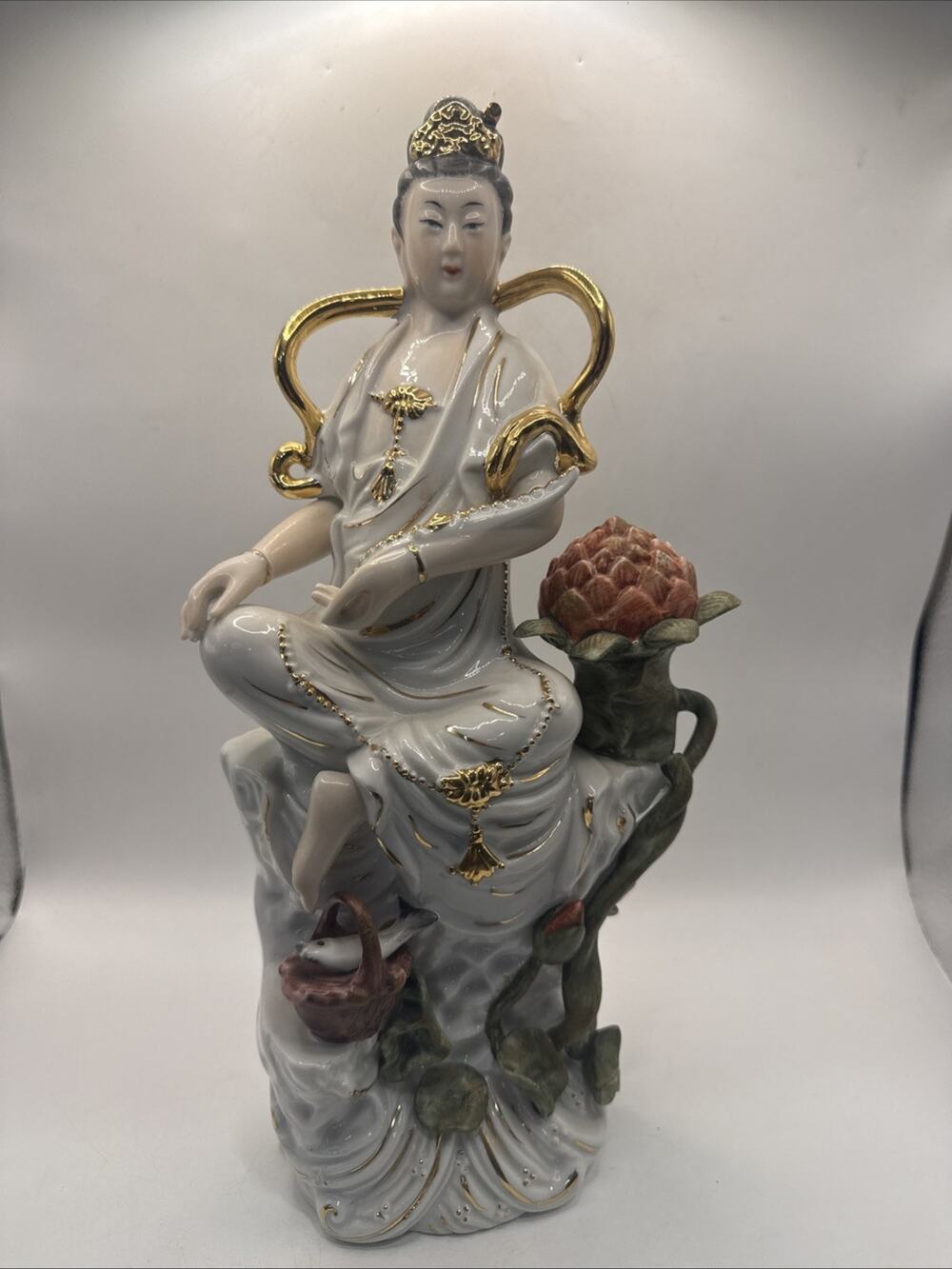 Chinese Porcelain Statue Guanyin Bodhisattva Of Compassion Mercy Lotus *
